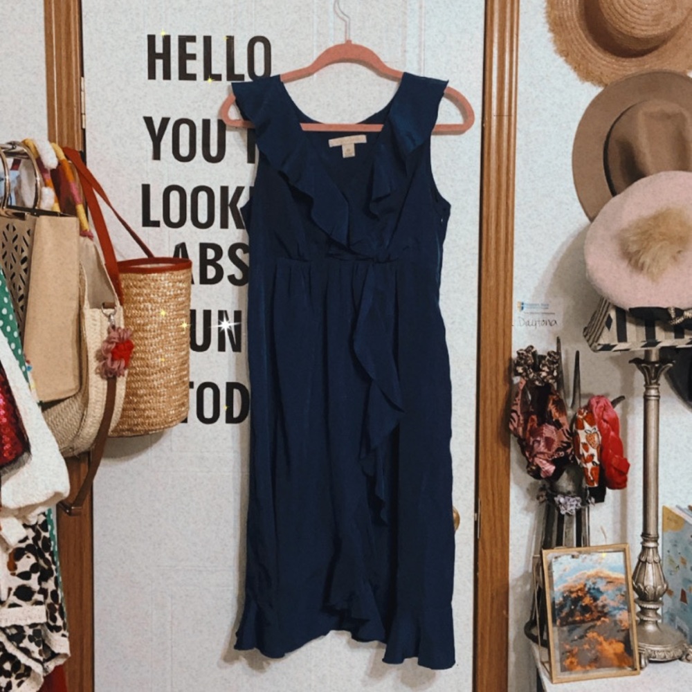 Navy blue ruffle midi dress